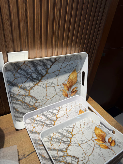 Takalluf Golden Leaf marble melamine tray set, close-up of gold veining and leaf motif