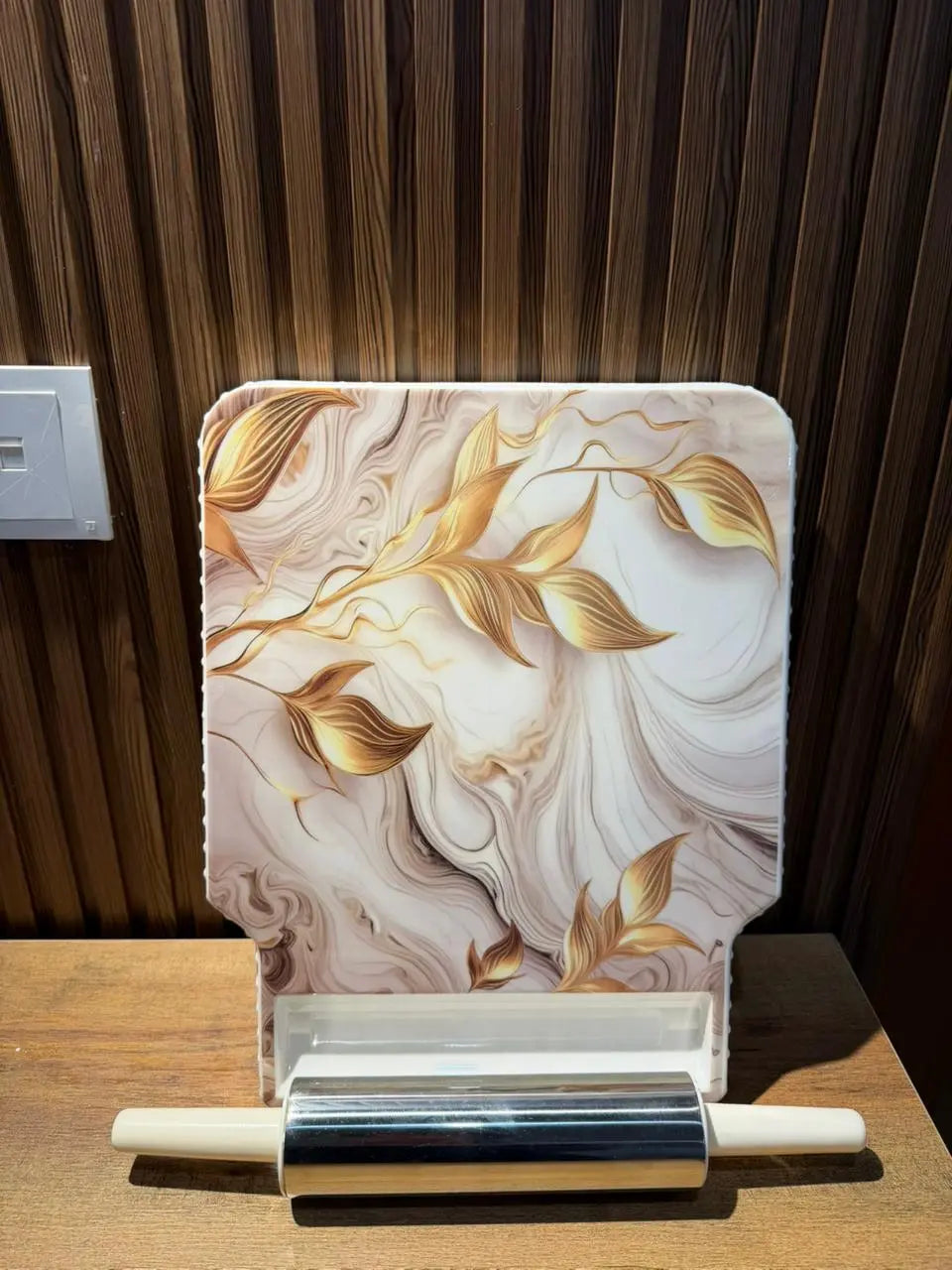 Takalluf Gold Pearl melamine roti board and rolling pin close-up