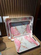 Takalluf pink marble melamine serving trays, close-up of gold veining