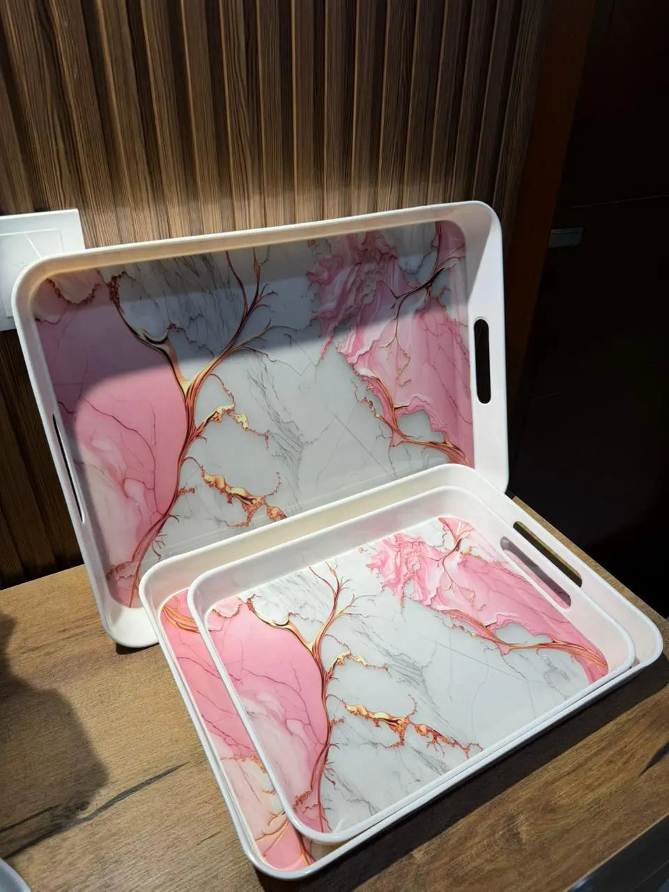 Takalluf pink marble melamine tray set, individual tray sizes stacked