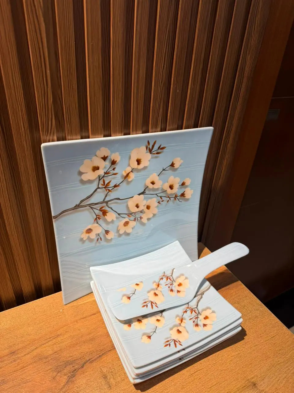 Takalluf Sakura Blossom melamine dessert plates and cake server