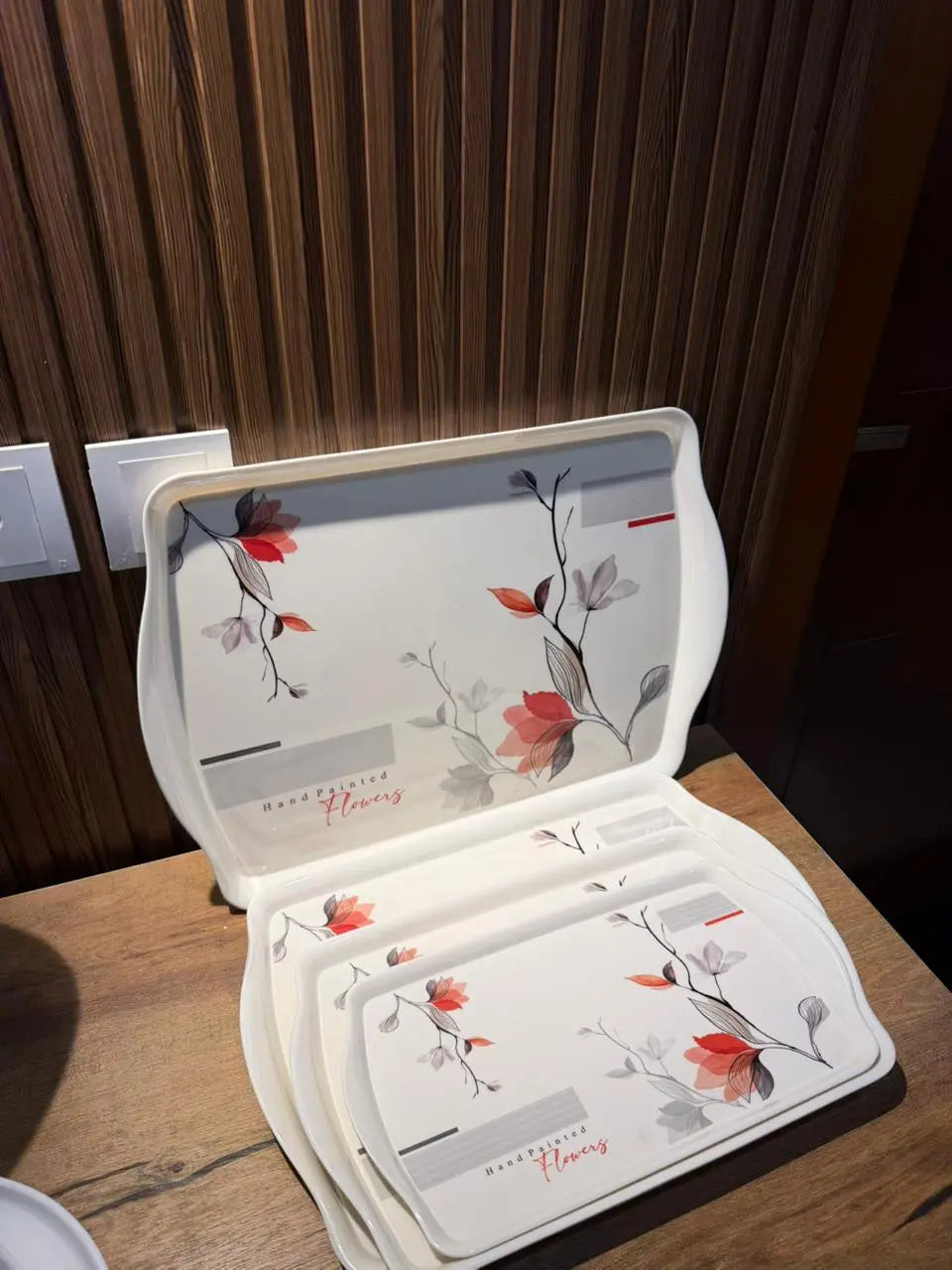 Takalluf hand-painted floral melamine tray set, individual tray sizes