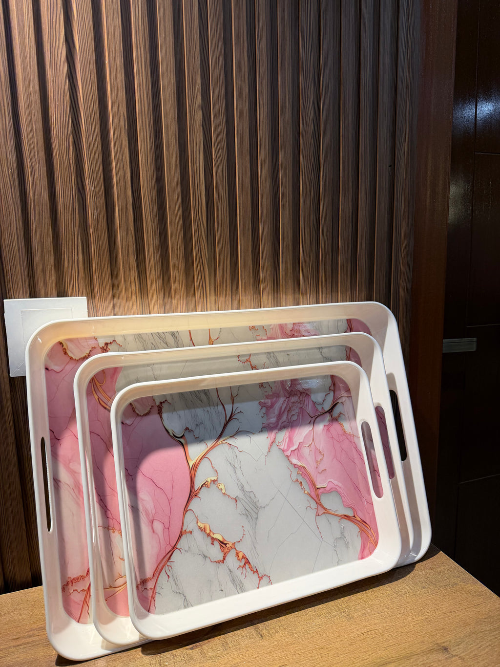 Takalluf pink marble 3-piece melamine nesting tray set, full set