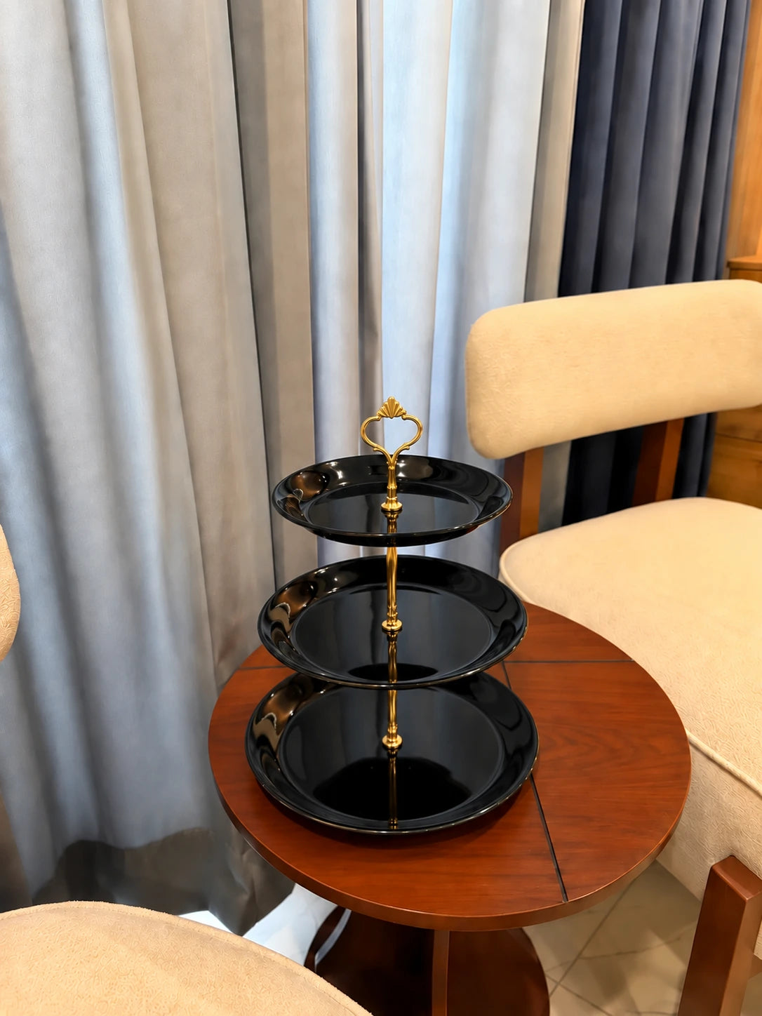 Takalluf 3-tier black melamine dessert stand with gold accents