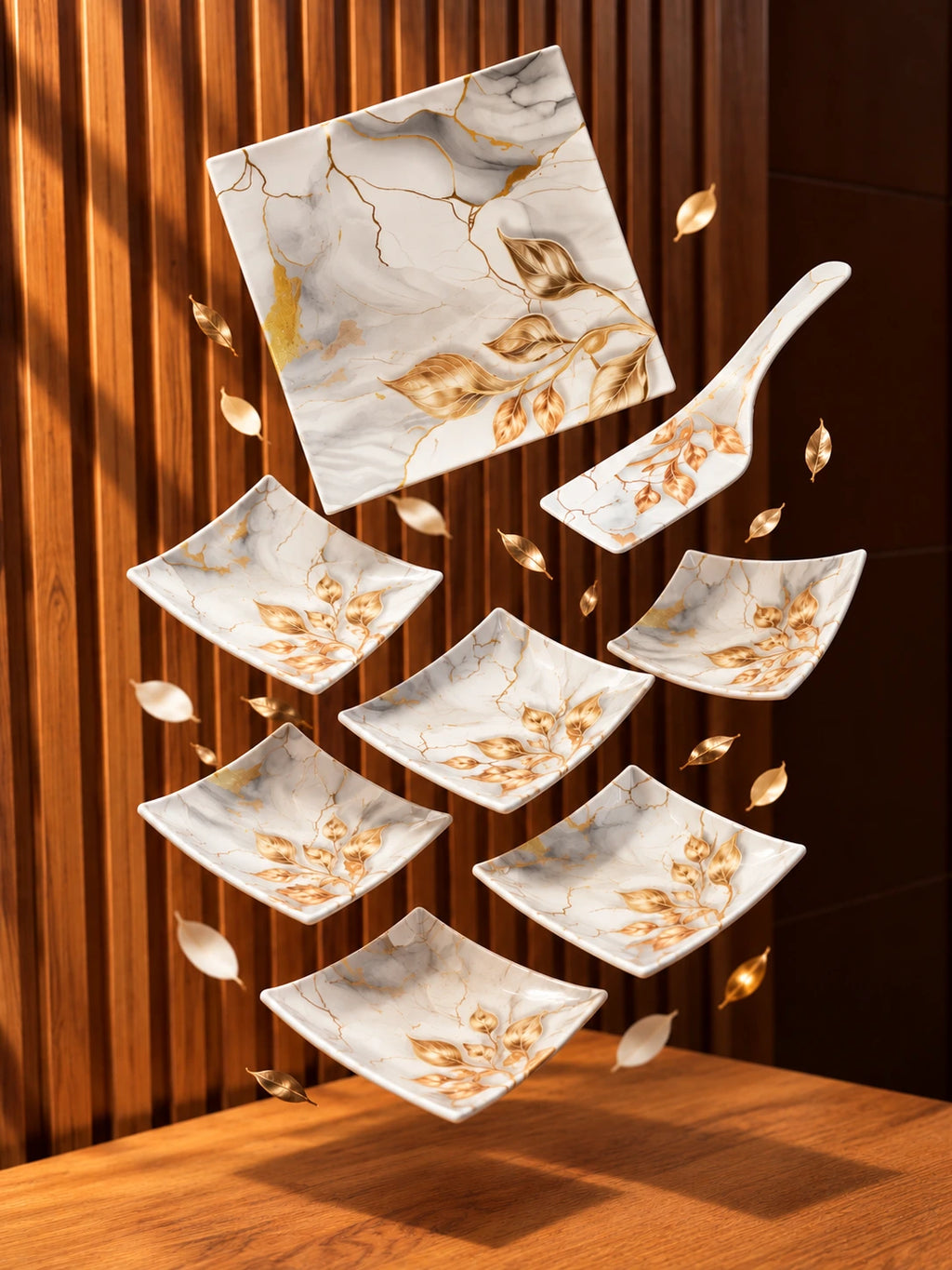 Takalluf Golden Leaf cake serving set pieces laid out