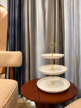Takalluf 3-tier white melamine dessert stand with gold accents