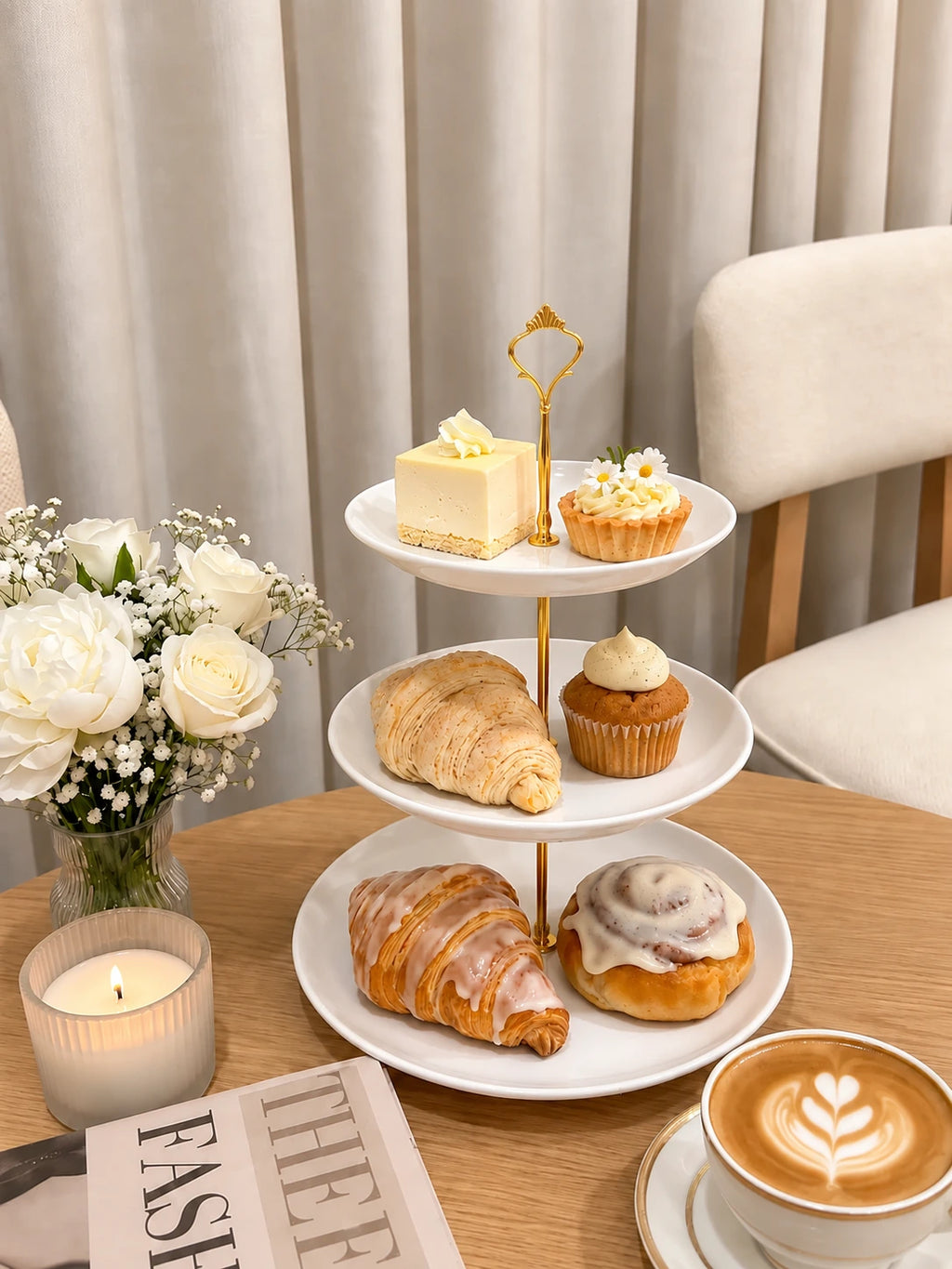 Takalluf 3-tier white melamine stand lifestyle photo with gold hardware